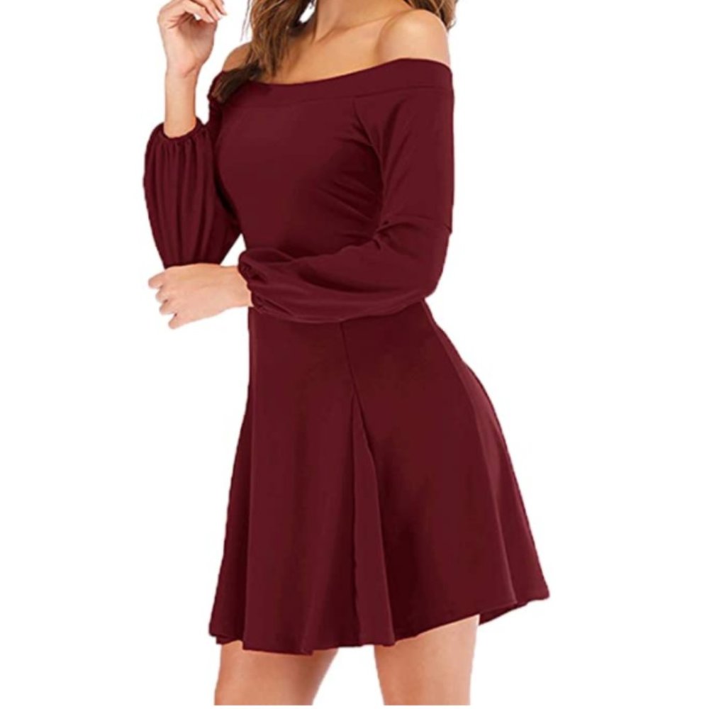 NWT Wine Off Shoulder Puff Sleeve Pockets Dress - Picture 2 of 3